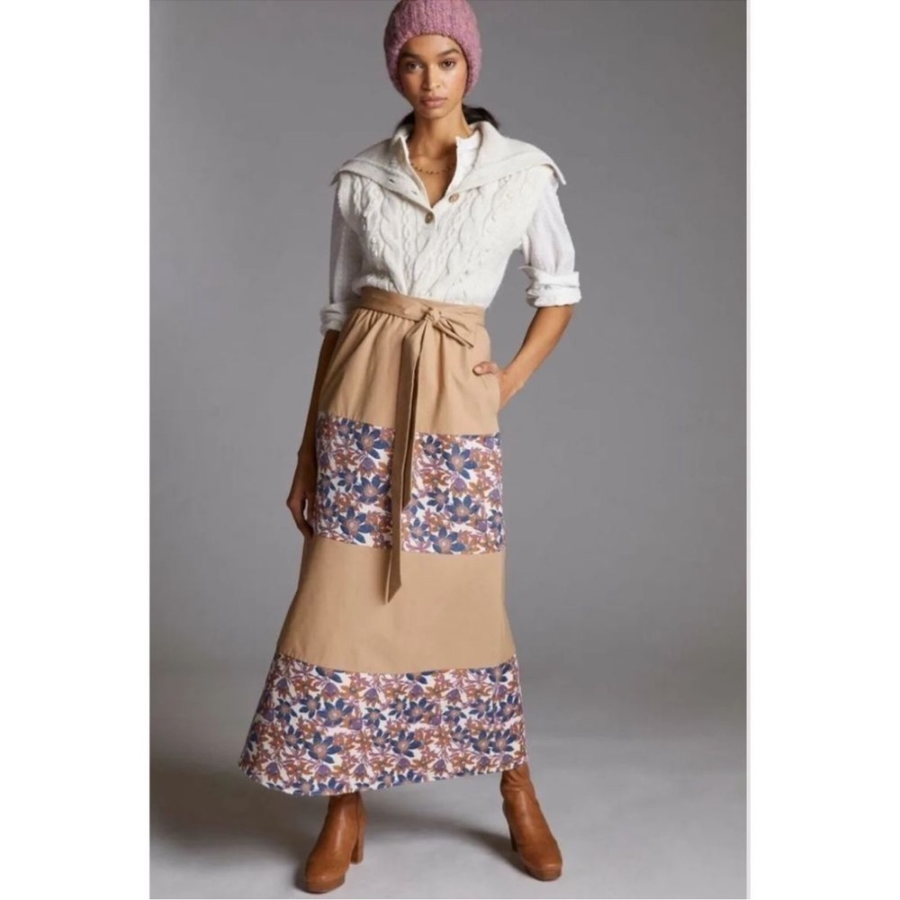 Sachin & Babi x Anthropologie Floral Jacquard Maxi Skirt Tie Waist Tan Size 14